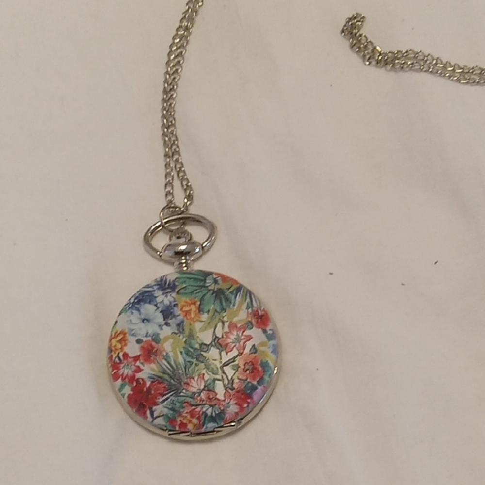 Strada Colorful Floral Pocket Watch with Silver Chain. Needs Battery - Picture 2 of 5